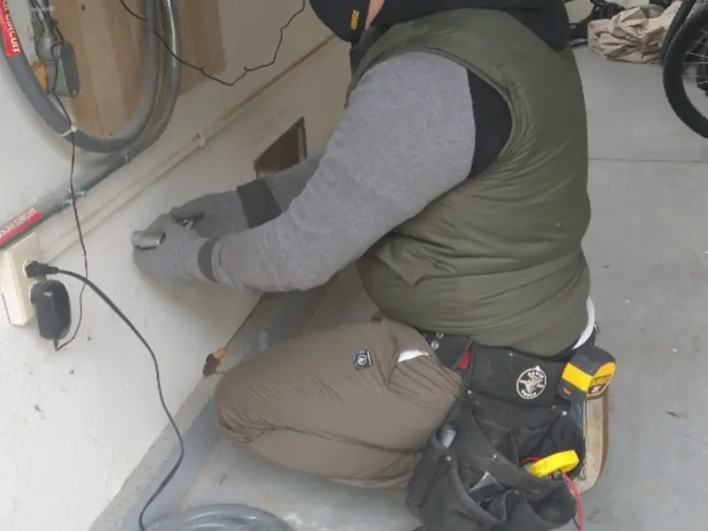 Electrician performing outlet wiring in a Creedmoor garage